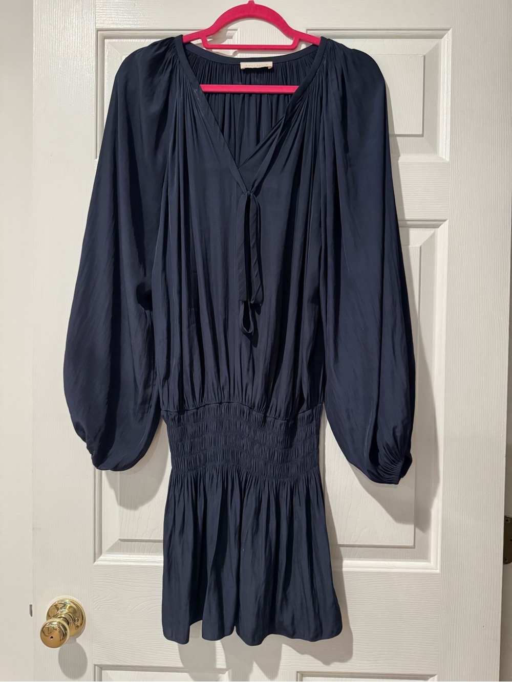 Ramy Brook Navy Long-Sleeve Tie-Front Smocked Waist Dress